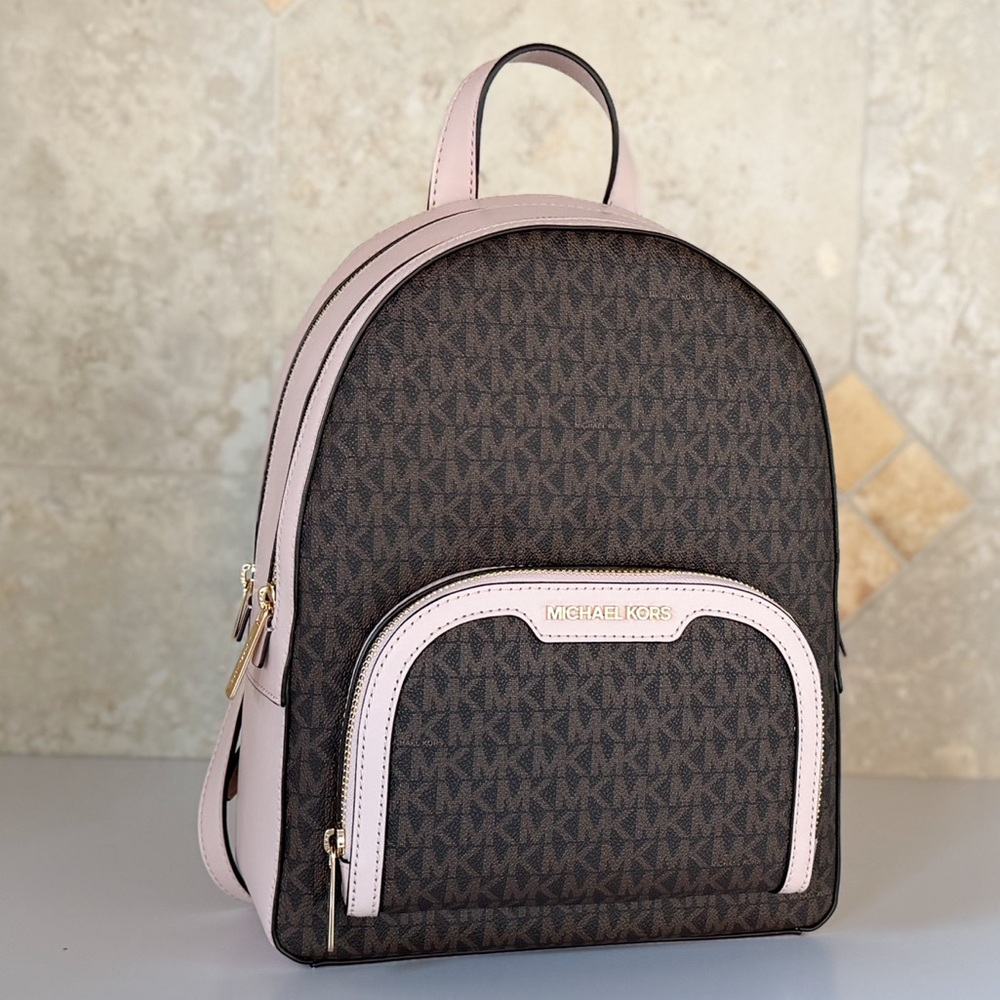 Michael Kors Jaycee MD Zip Pocket Backpack MK Brown/Pink